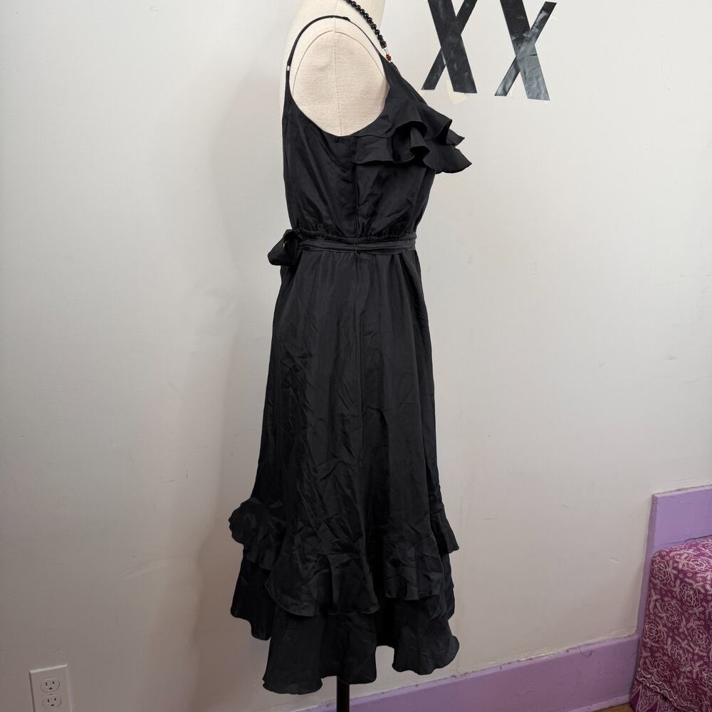 Vintage Y2K Black Silk Ruffle V-Neck Tie-Waist Romantic Tiered Midi Slip Dress 4 - Picture 4 of 8